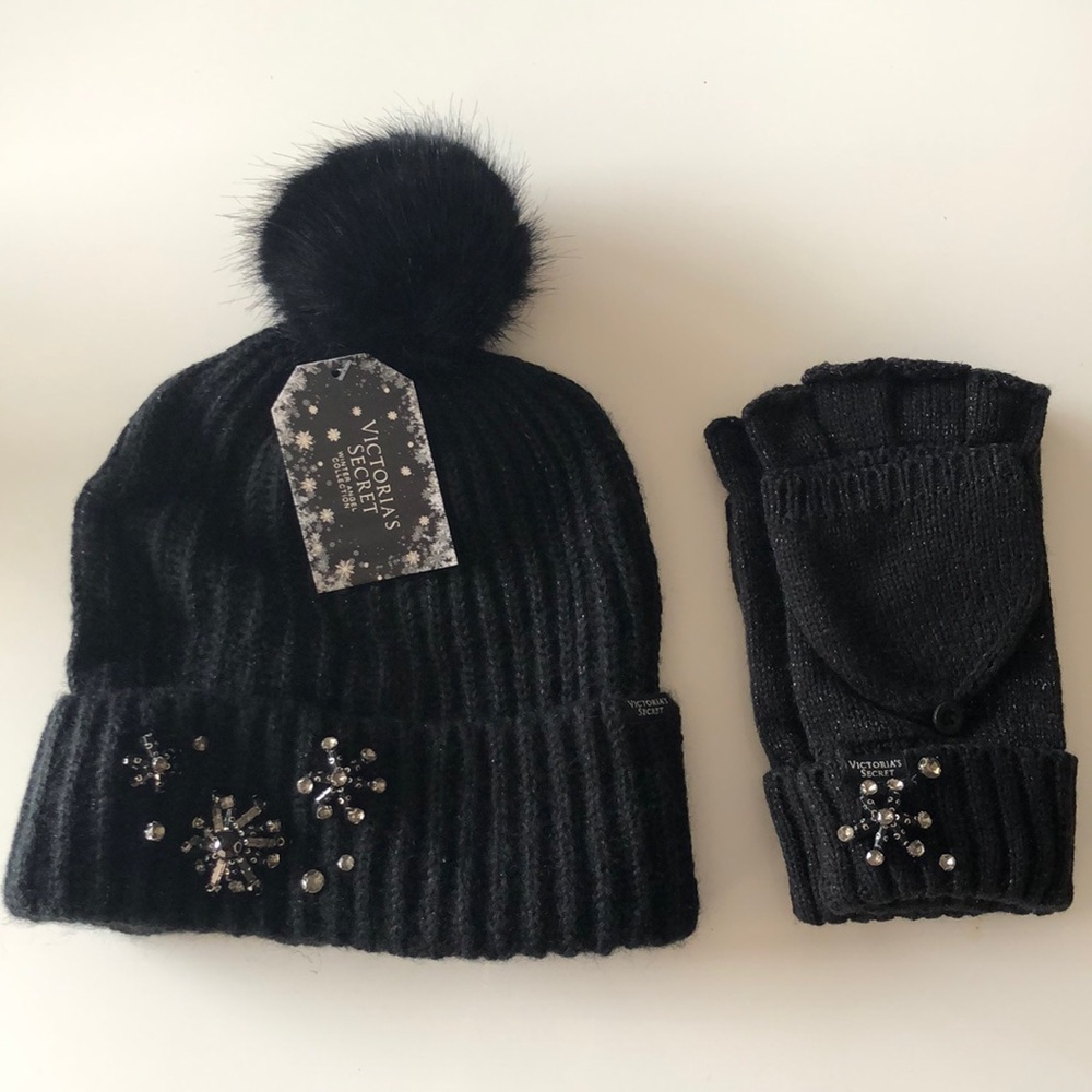 Victoria’s Secret Black Pom Pom Hat & Gloves
